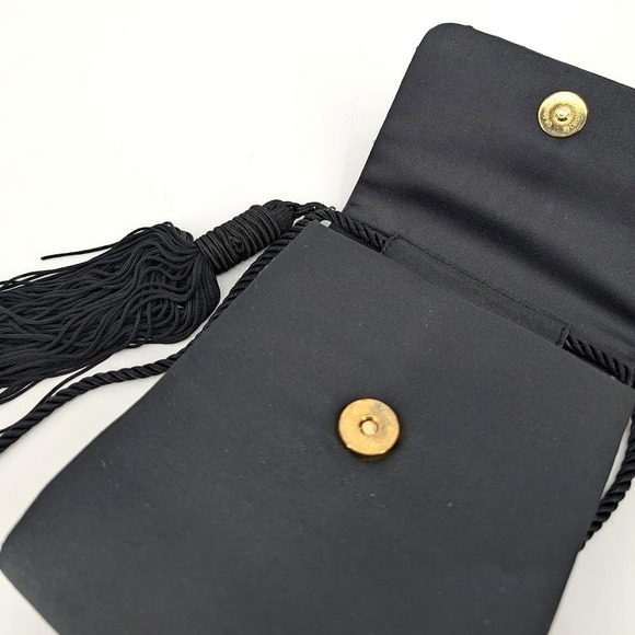Lord & Taylor Vintage Black Satin Evening Bag Pleated Tassel Crossbody Clutch - Picture 6 of 12